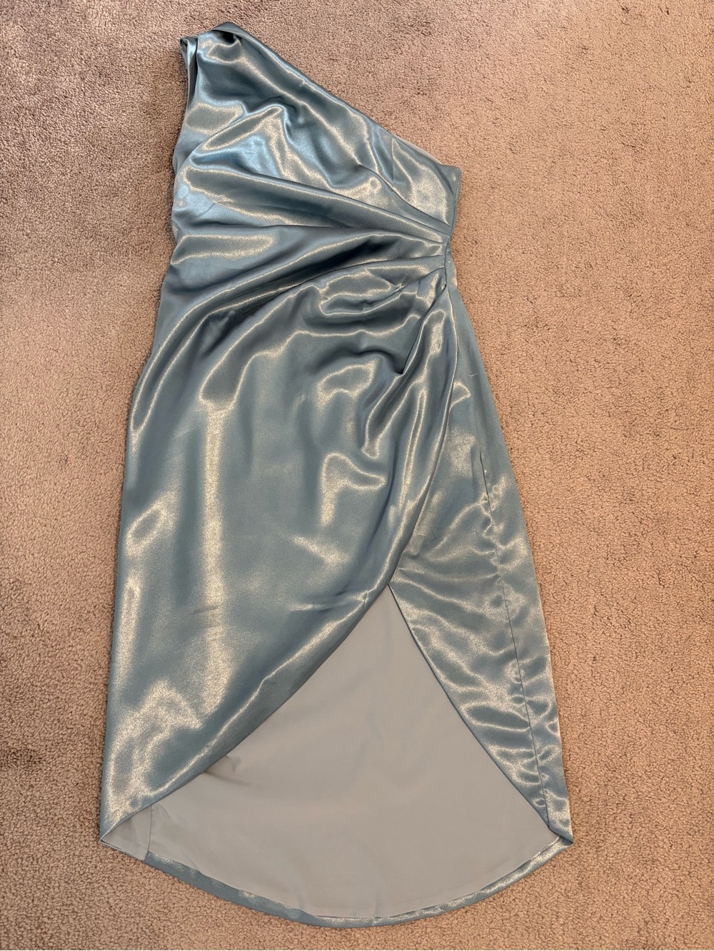Hazel and Olive One-Shoulder Icy Blue Satin Midi Dress L Runs Small
